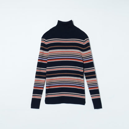 【手洗い可能】エクストラファインメリノウール マルチボーダーリブタートルネックニット