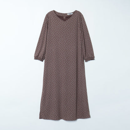 強撚スムース スノードットプリント 7分袖Vネックワンピース