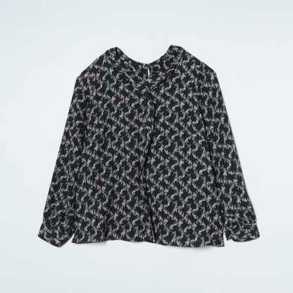 【L】リーフプリント ショールカラーブラウス