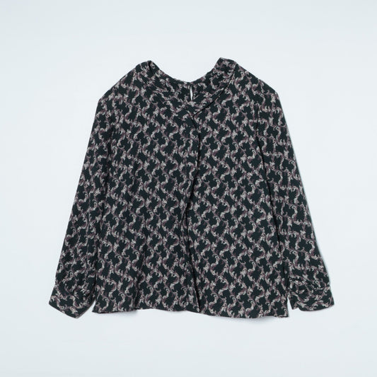 【L】リーフプリント ショールカラーブラウス