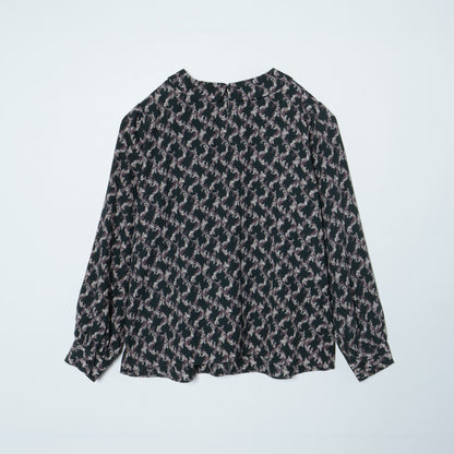 【L】リーフプリント ショールカラーブラウス