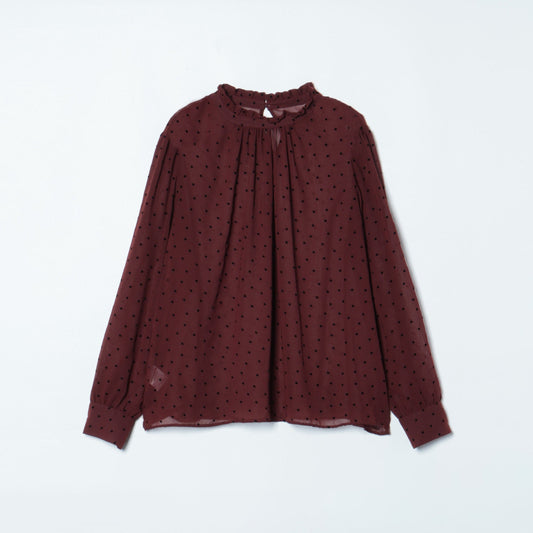 【店舗限定】シフォンドットフロッキー スタンドフリルブラウス（スーツインナー対応）