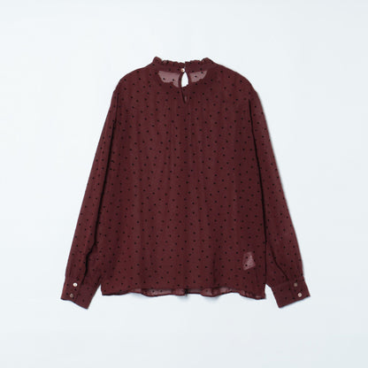 【店舗限定】シフォンドットフロッキー スタンドフリルブラウス（スーツインナー対応）