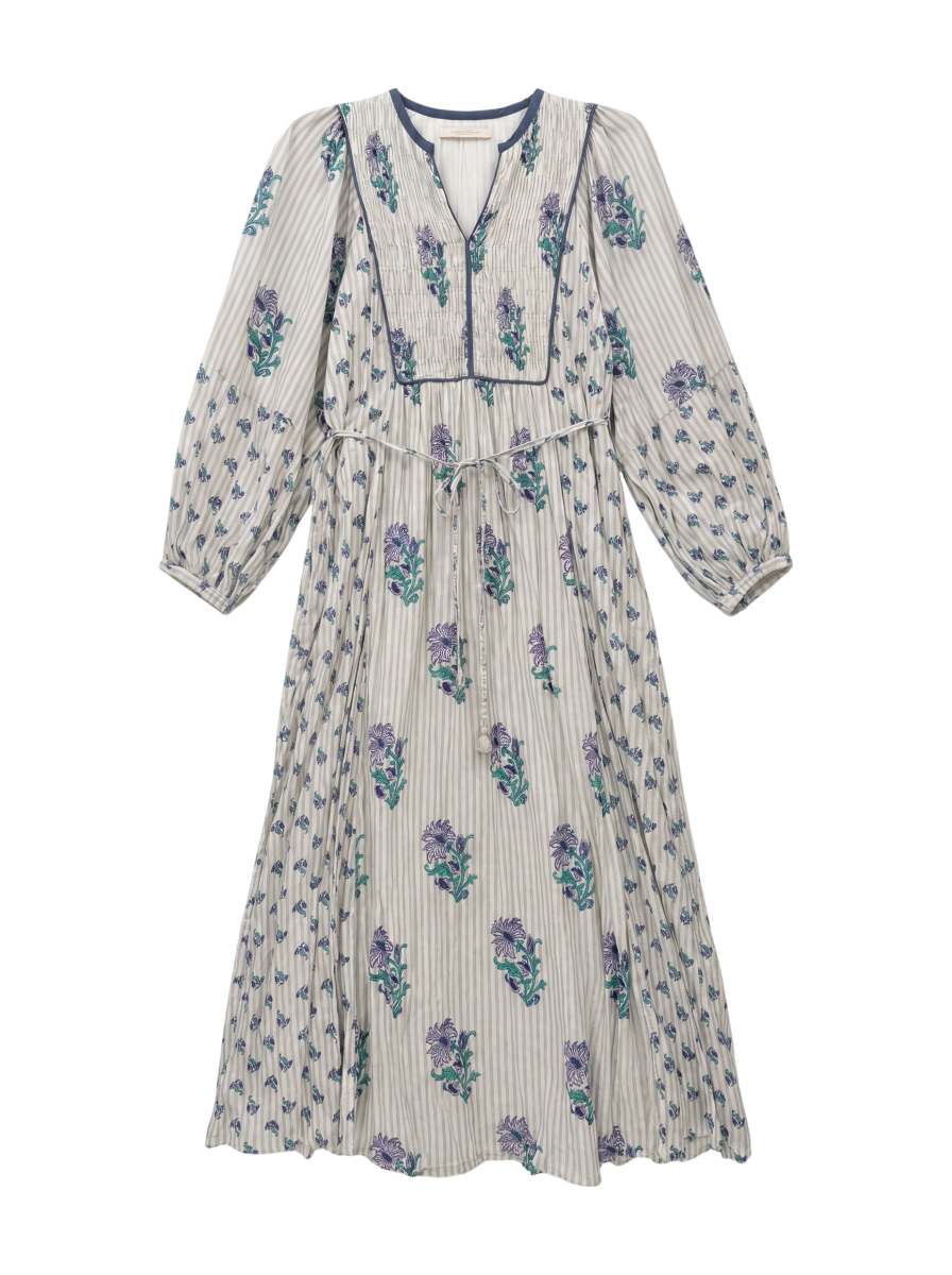 COTTON JACQUARD LILY PRINT SHIRRING DRESS