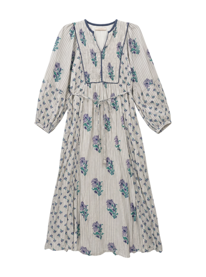 COTTON JACQUARD LILY PRINT SHIRRING DRESS