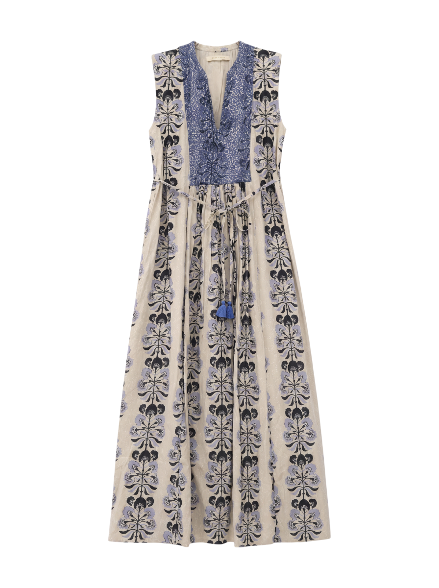 COTTON JACQUARD ANNABELLE PRINT EMBROIDERY SLEEVELESS DRESS