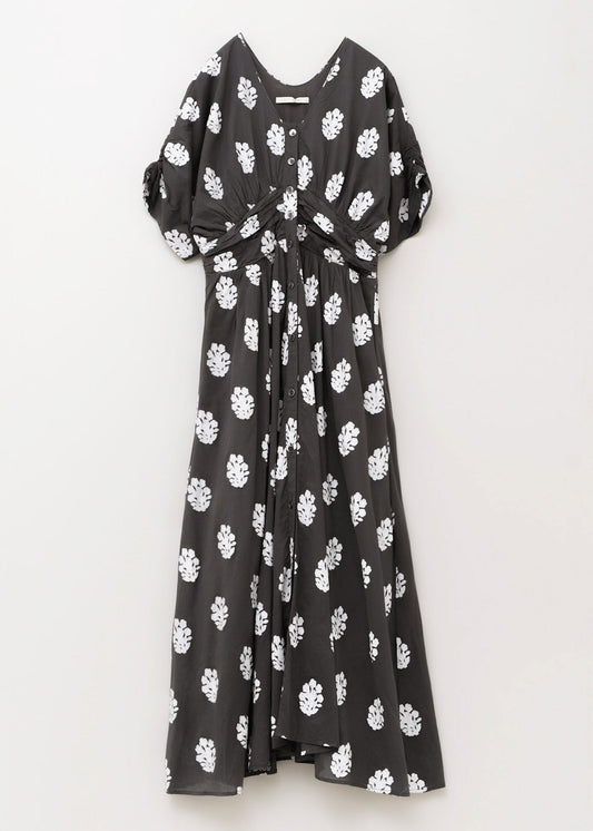 COTTON VOILE SEDUM FOIL PRINT WAIST GATHER DRESS