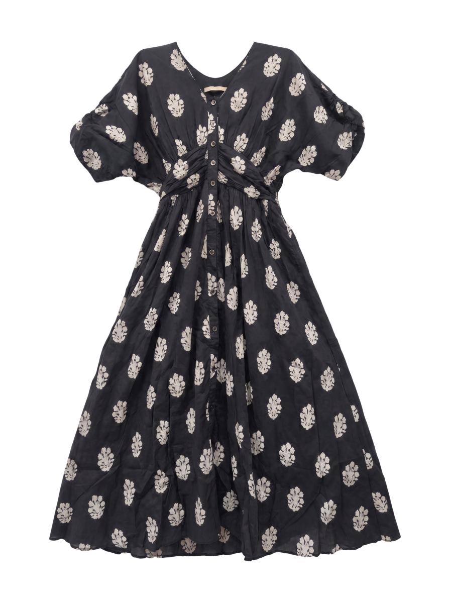 COTTON VOILE SEDUM FOIL PRINT WAIST GATHER DRESS