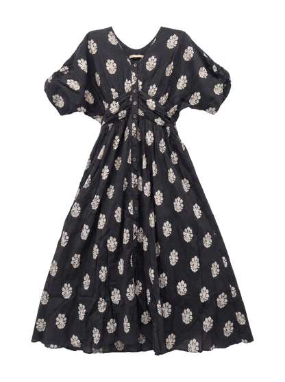 COTTON VOILE SEDUM FOIL PRINT WAIST GATHER DRESS