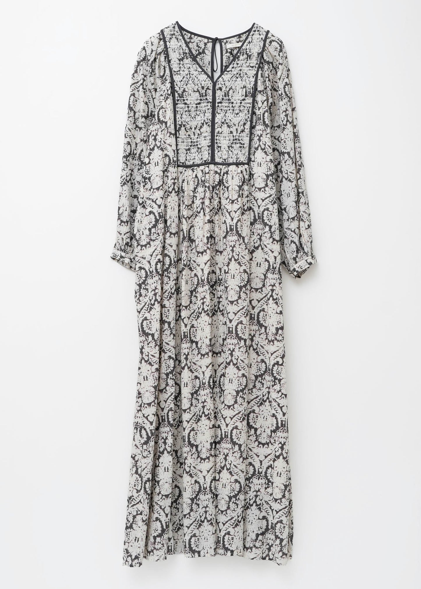 DOBBY STRIPE DAMASK PRINT YOKE SHIRRING DRESS