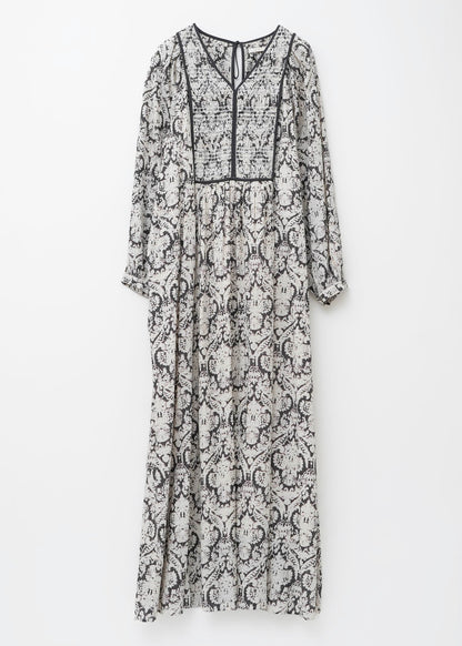 DOBBY STRIPE DAMASK PRINT YOKE SHIRRING DRESS