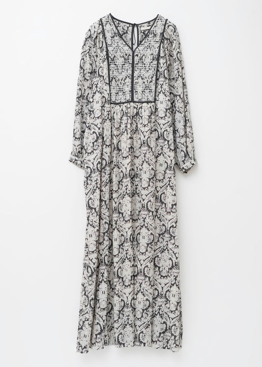 DOBBY STRIPE DAMASK PRINT YOKE SHIRRING DRESS