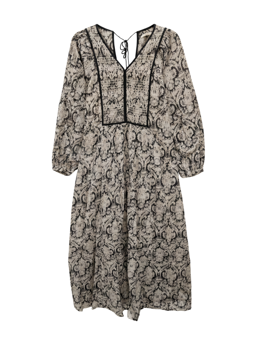 DOBBY STRIPE DAMASK PRINT YOKE SHIRRING DRESS