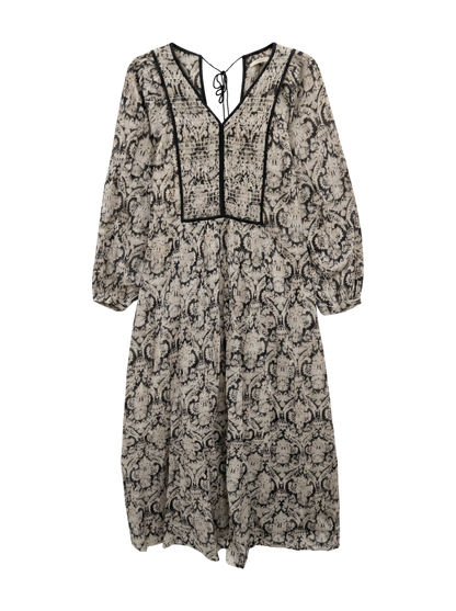 DOBBY STRIPE DAMASK PRINT YOKE SHIRRING DRESS