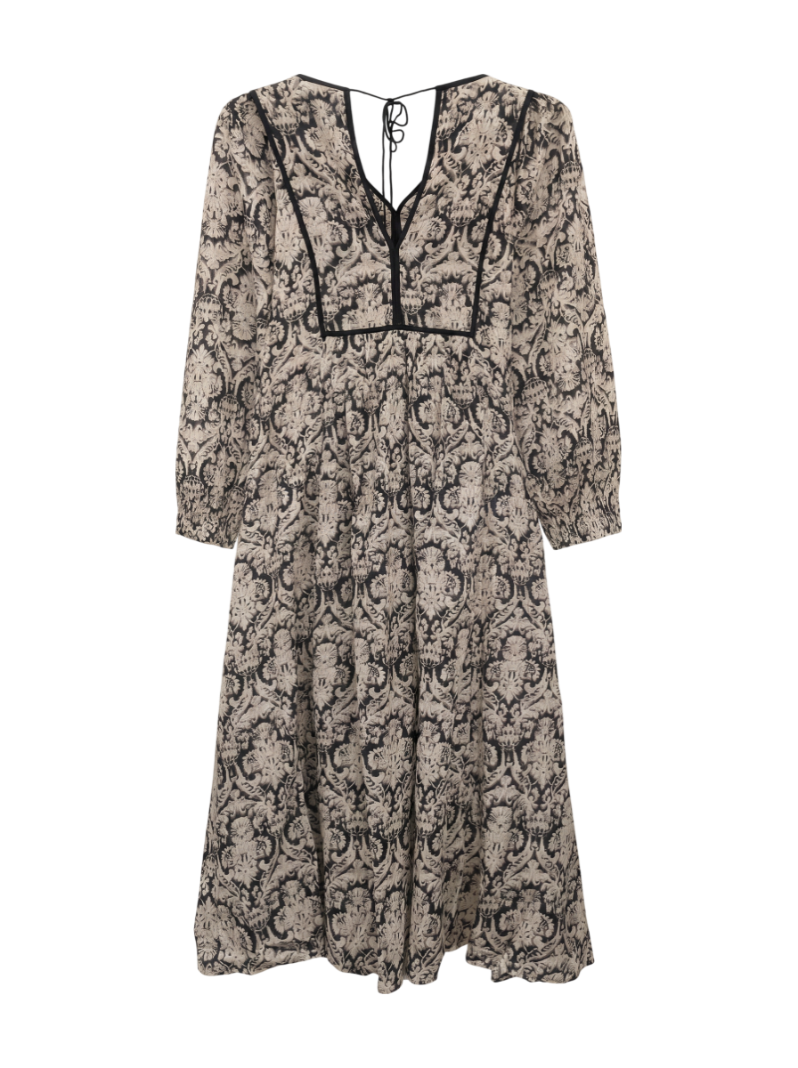 DOBBY STRIPE DAMASK PRINT YOKE SHIRRING DRESS