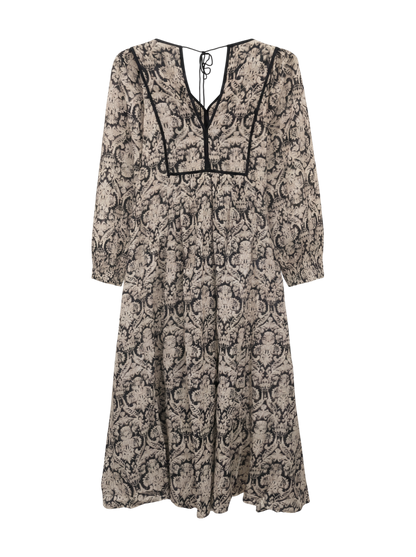 DOBBY STRIPE DAMASK PRINT YOKE SHIRRING DRESS