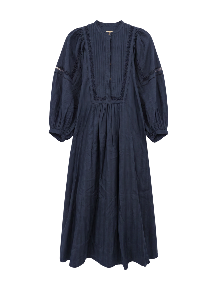 COTTON DOBBY STRIPE SQUARE LACE DRESS
