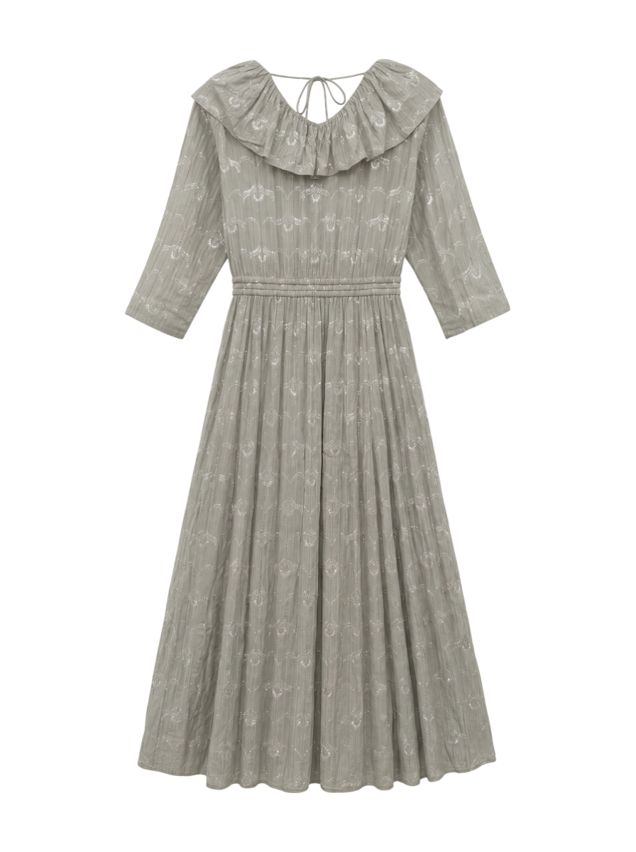 COTTON DOBBY WAVE FLOWER FOIL PRINT FRILL COLLAR DRESS