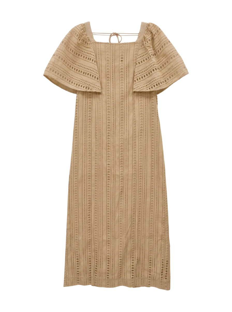 STRIPE CUTWORK SHORT SLEEVE DRESS