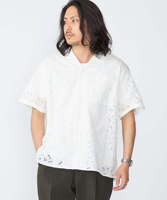 BENCH MARKING SHIRT: フラワーレース オープンカラー ショートスリーブ シャツ