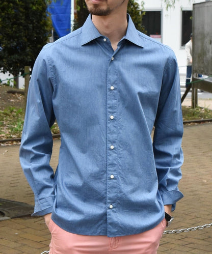 SHIPS:【テレワーク対応可能】SPAIN FABRIC ウォッシュド  インディゴライク ワイドカラー シャツ