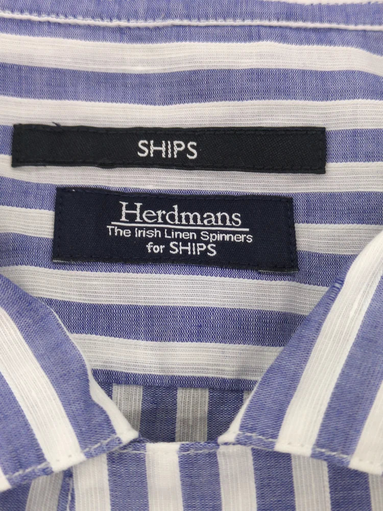 SHIPS: Herdmans コットン/リネン オープンカラー シャツ (ストライプ)