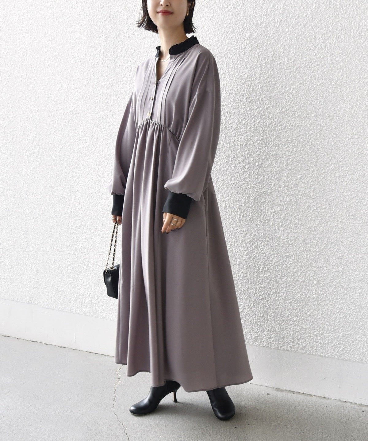〈手洗い可能〉ドルマン ギャザー スタンド カラー ワンピース 24SS