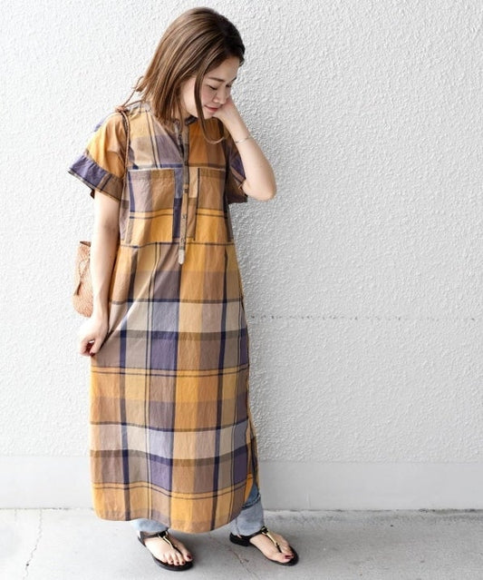 liflattie ships:ビッグチェックロングワンピース