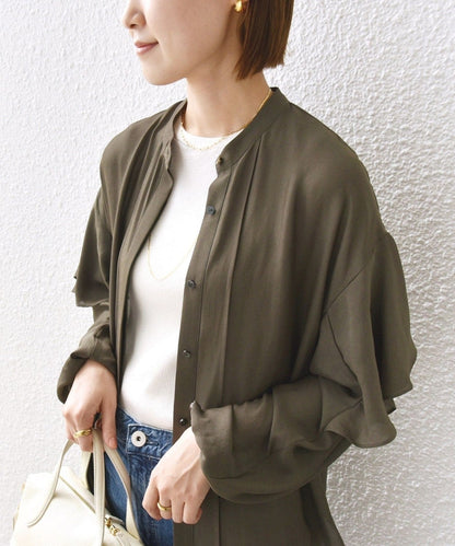 〈手洗い可能〉ドライ ツイスト 袖 ラッフル ロング スリーブ ブラウス