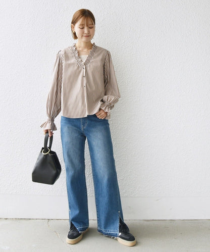 【WEB限定】〈手洗い可能〉 シャーリング Vネック 長袖 ブラウス