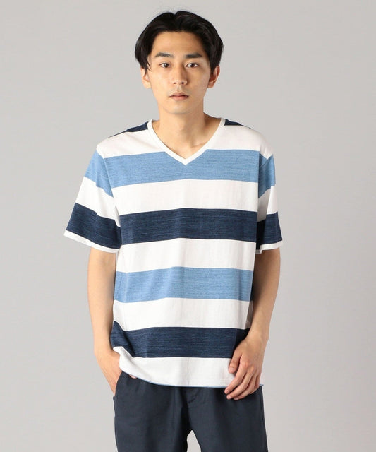 SHIPS: japan quality ワイドボーダー/パネル Vネック Tシャツ