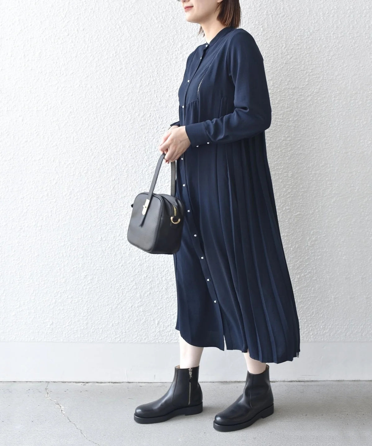 〈手洗い可能〉ストレッチ ジョーゼット ロング スリーブ プリーツ ワンピース