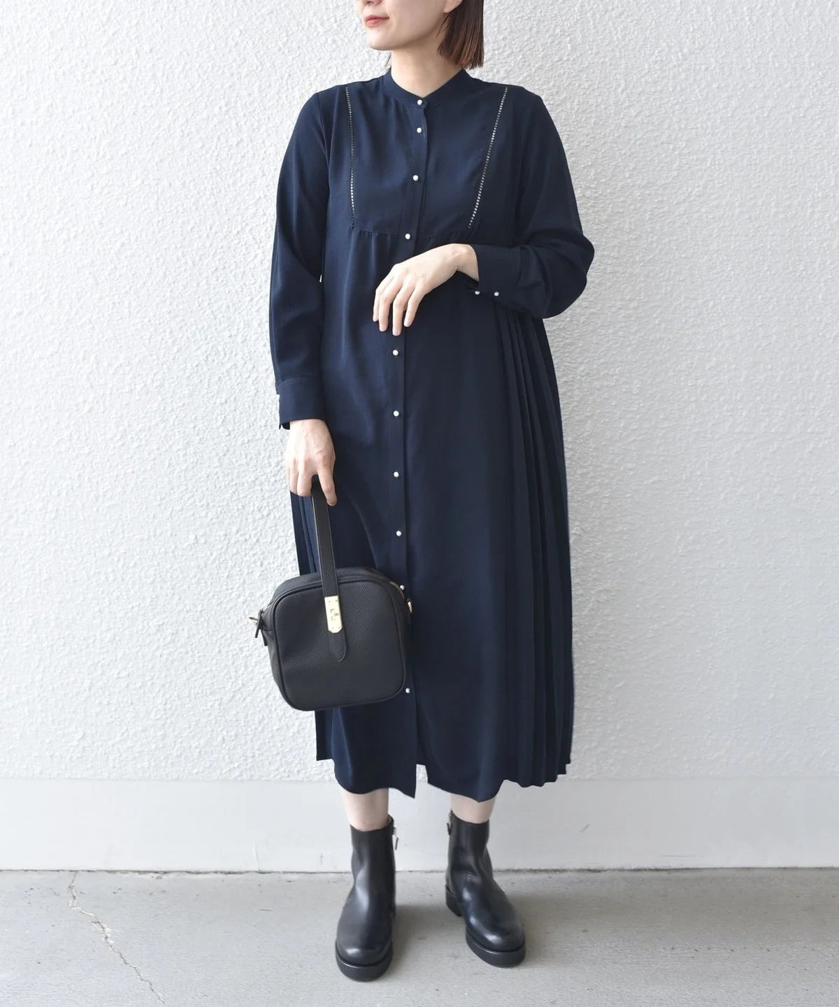 〈手洗い可能〉ストレッチ ジョーゼット ロング スリーブ プリーツ ワンピース