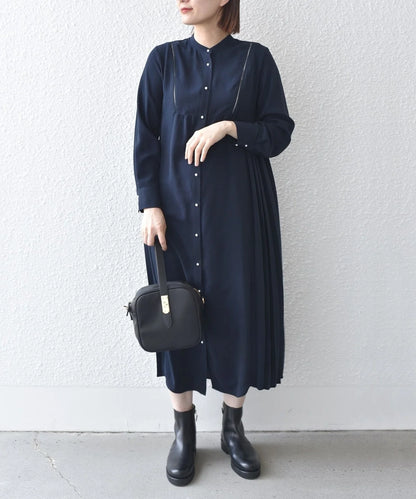 〈手洗い可能〉ストレッチ ジョーゼット ロング スリーブ プリーツ ワンピース