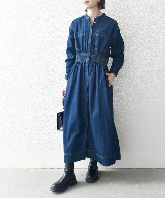 SHIPS any: シャーリング デニム ポケット ワンピース ［SHIPS any DENIM］