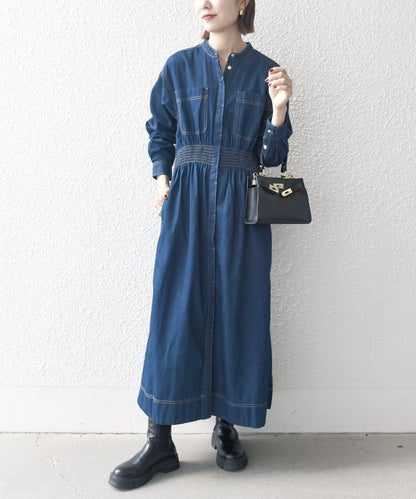 SHIPS any: シャーリング デニム ポケット ワンピース ［SHIPS any DENIM］