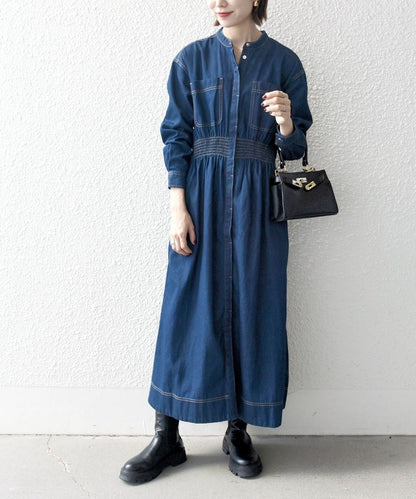 SHIPS any: シャーリング デニム ポケット ワンピース ［SHIPS any DENIM］