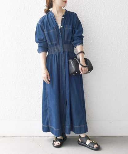SHIPS any: シャーリング デニム ポケット ワンピース ［SHIPS any DENIM］