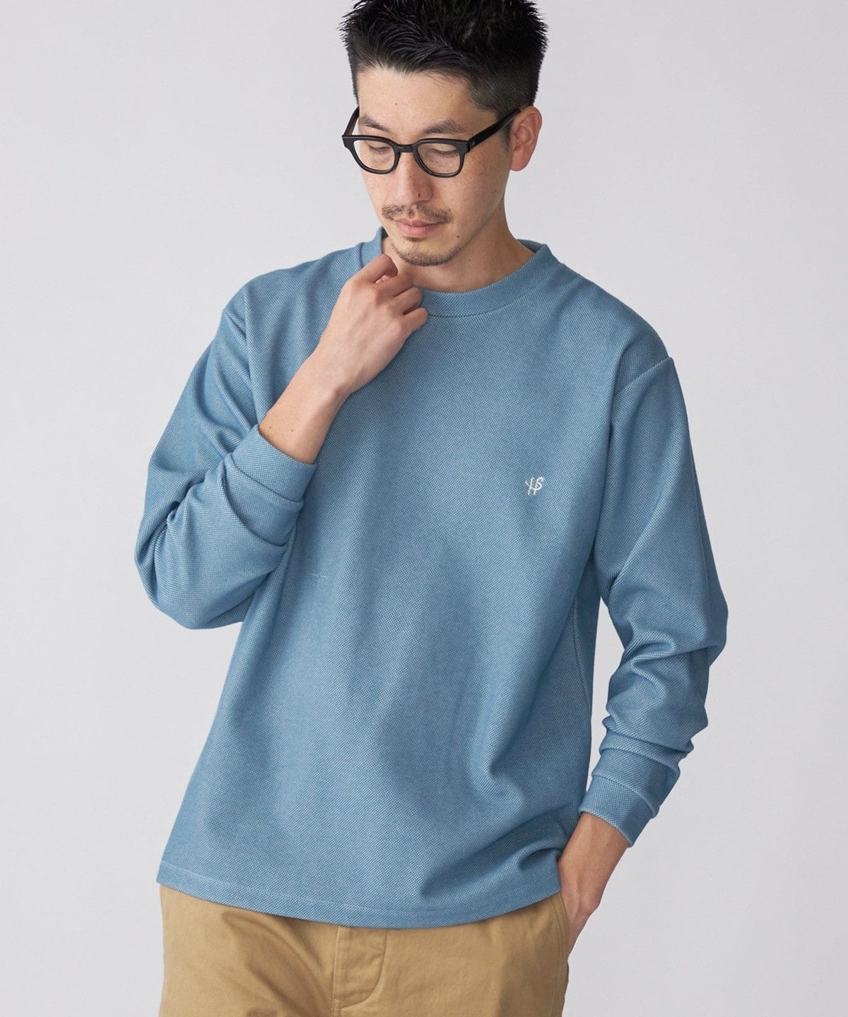 【WEB限定】SHIPS: ワンポイント ロゴ バーズアイ クルーネック ロングスリーブ Tシャツ