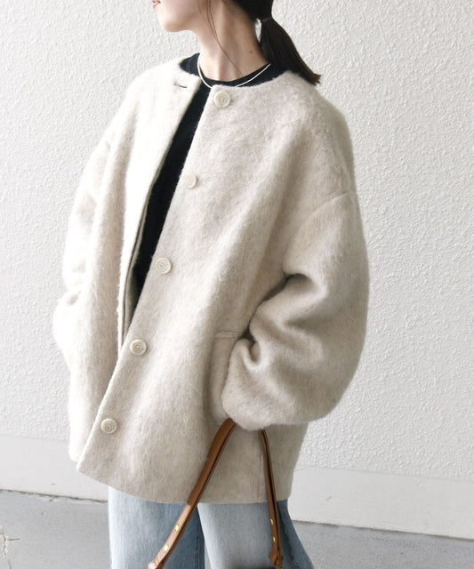 SHIPS any: ウール ミックス シャギー ノーカラー コクーン コート