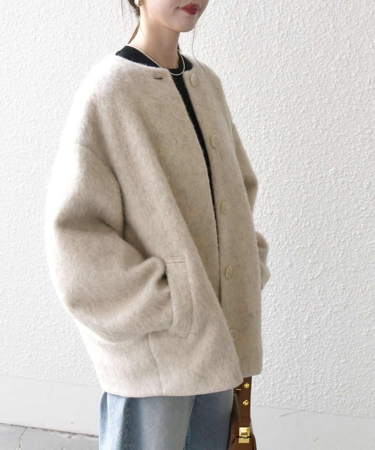 SHIPS any: ウール ミックス シャギー ノーカラー コクーン コート