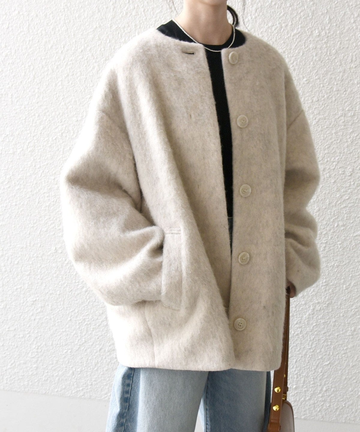 SHIPS any: ウール ミックス シャギー ノーカラー コクーン コート