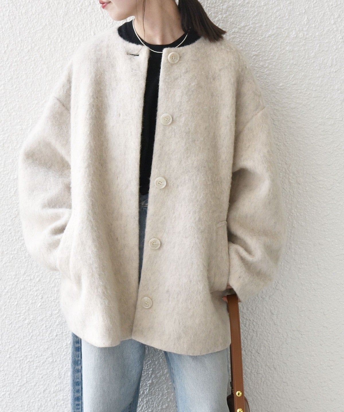 SHIPS any: ウール ミックス シャギー ノーカラー コクーン コート