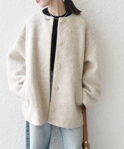 SHIPS any: ウール ミックス シャギー ノーカラー コクーン コート