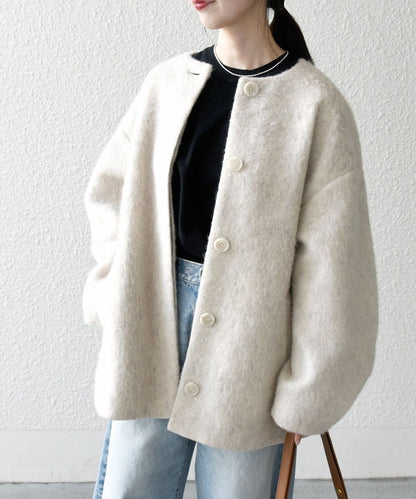 SHIPS any: ウール ミックス シャギー ノーカラー コクーン コート