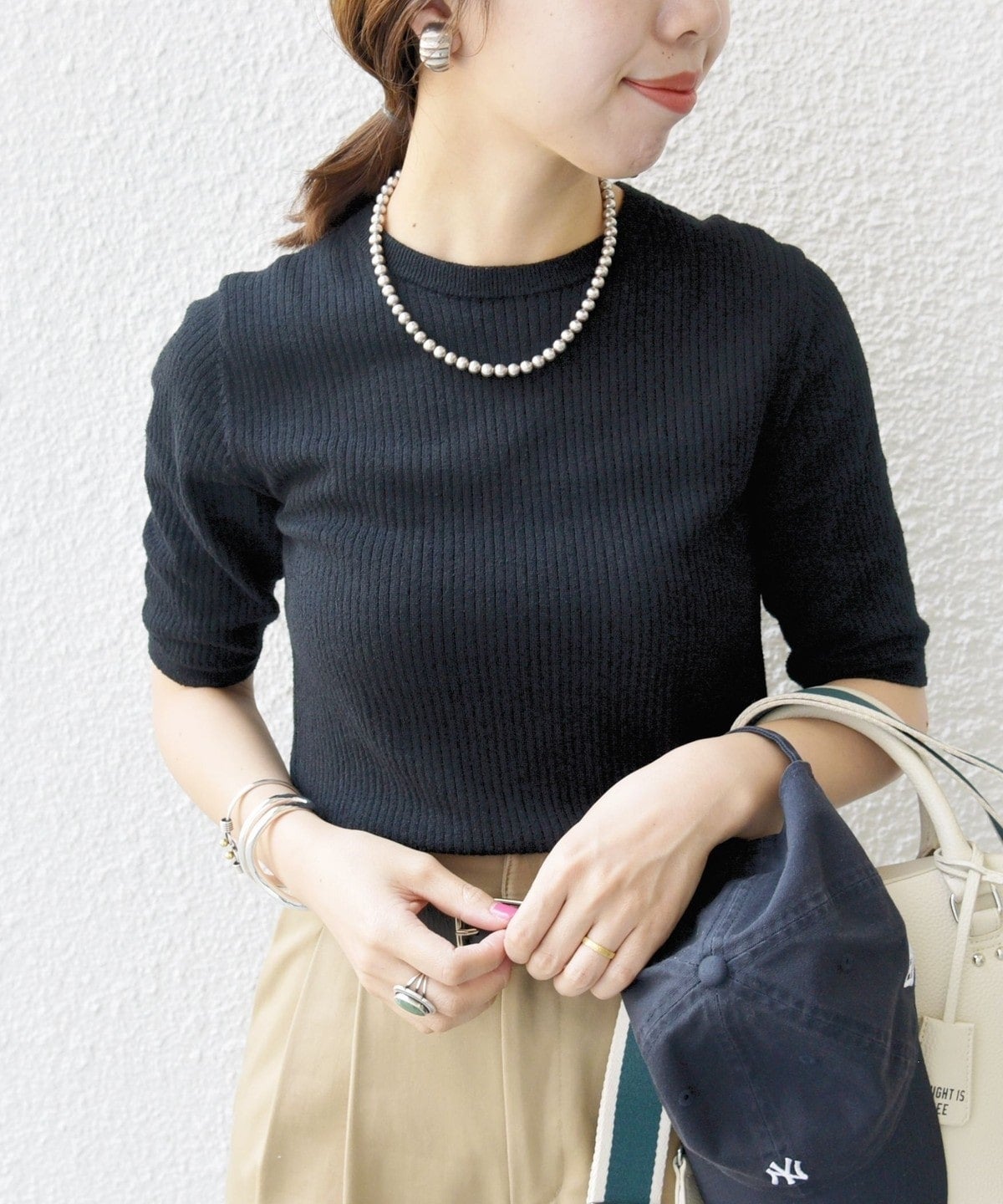 〈手洗い可能〉コットン ナイロン リブ ニット TEE