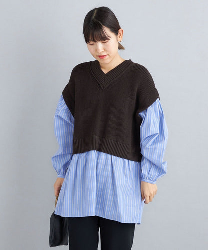 〈手洗い可能〉シャツコンビVネックニット