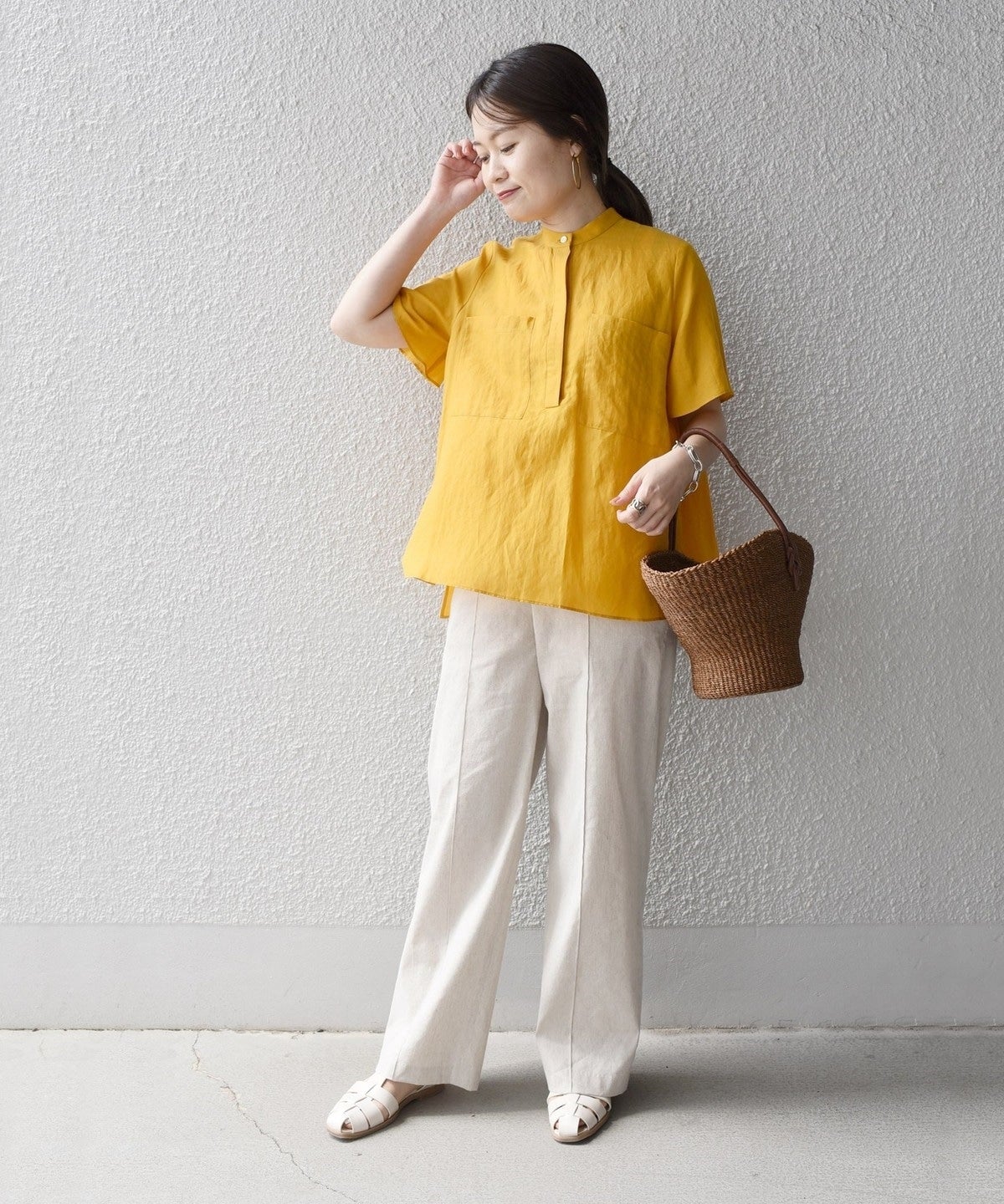 〈手洗い可能〉ウエストゴム麻混ピンタックパンツ