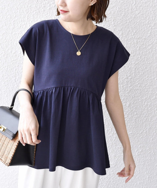 〈洗濯機可能〉コットン 天竺 ウエスト 切替 ギャザー プルオーバー