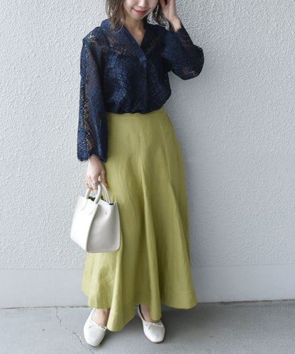 SHIPS any:〈手洗い可能〉リネン ミックス ランダム フレア スカート